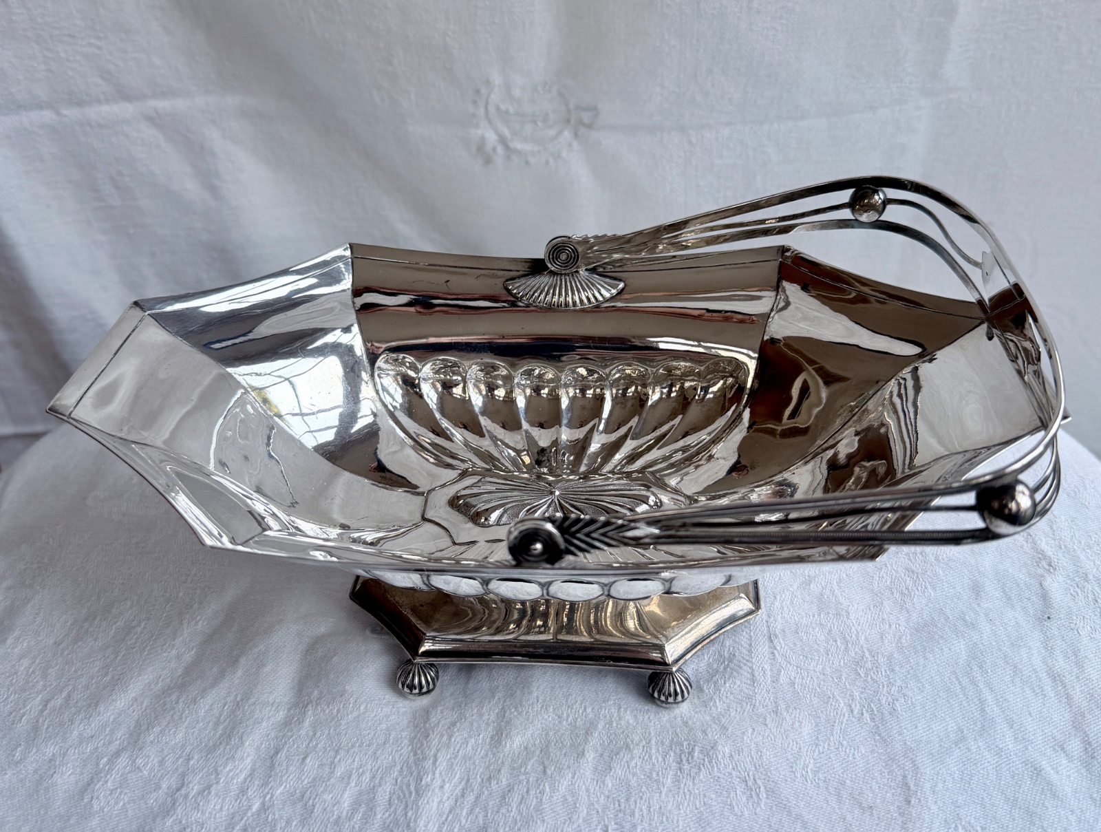 Edwardian Silver Plated Swing-Handle Fruit Basket with Gadroon and Shell Motifs - decorative collectible