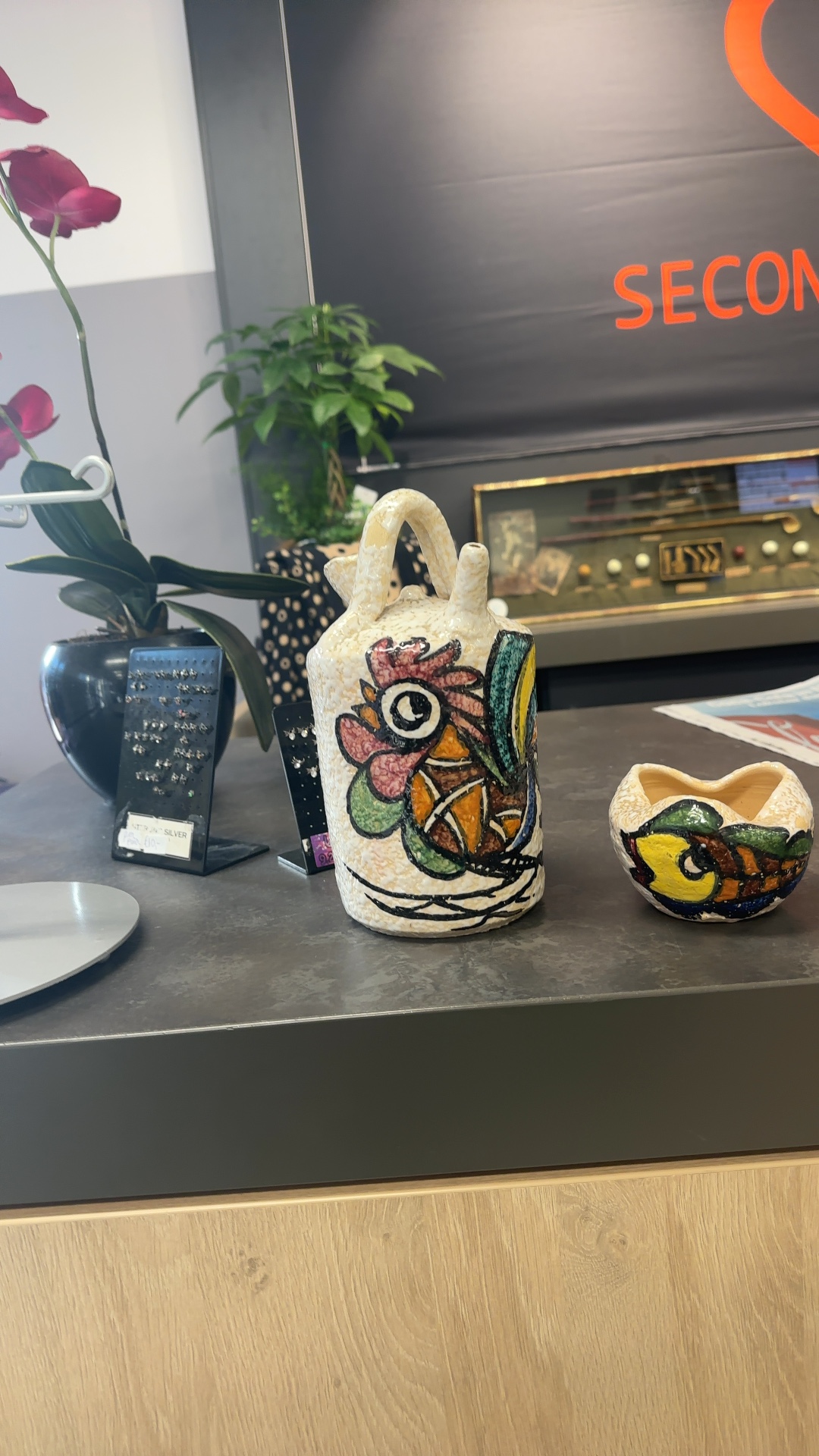 Ceramic pourer in the shape of a rooster, with colorful abstract design, likely Italian mid-century modern. - view 1