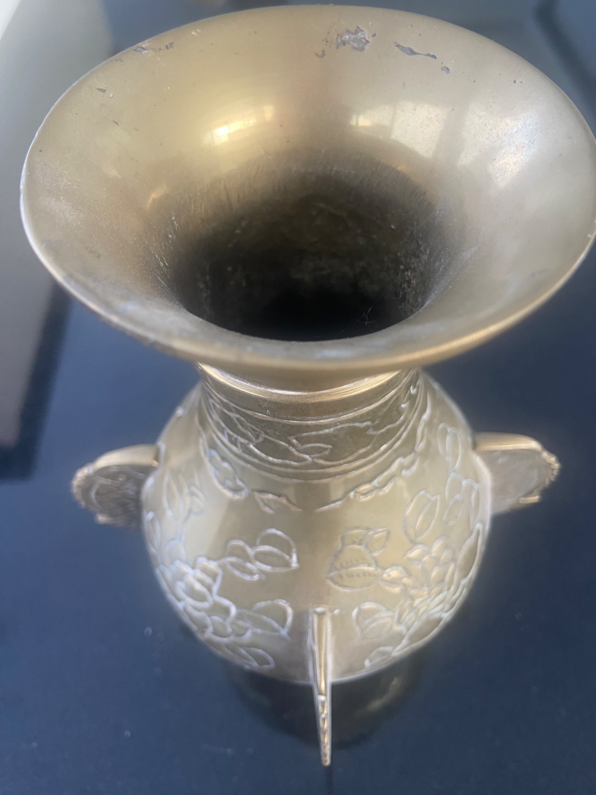 Chinese Brass 'Gu-style' Vase with Floral and Geometric Engravings - asian collectible