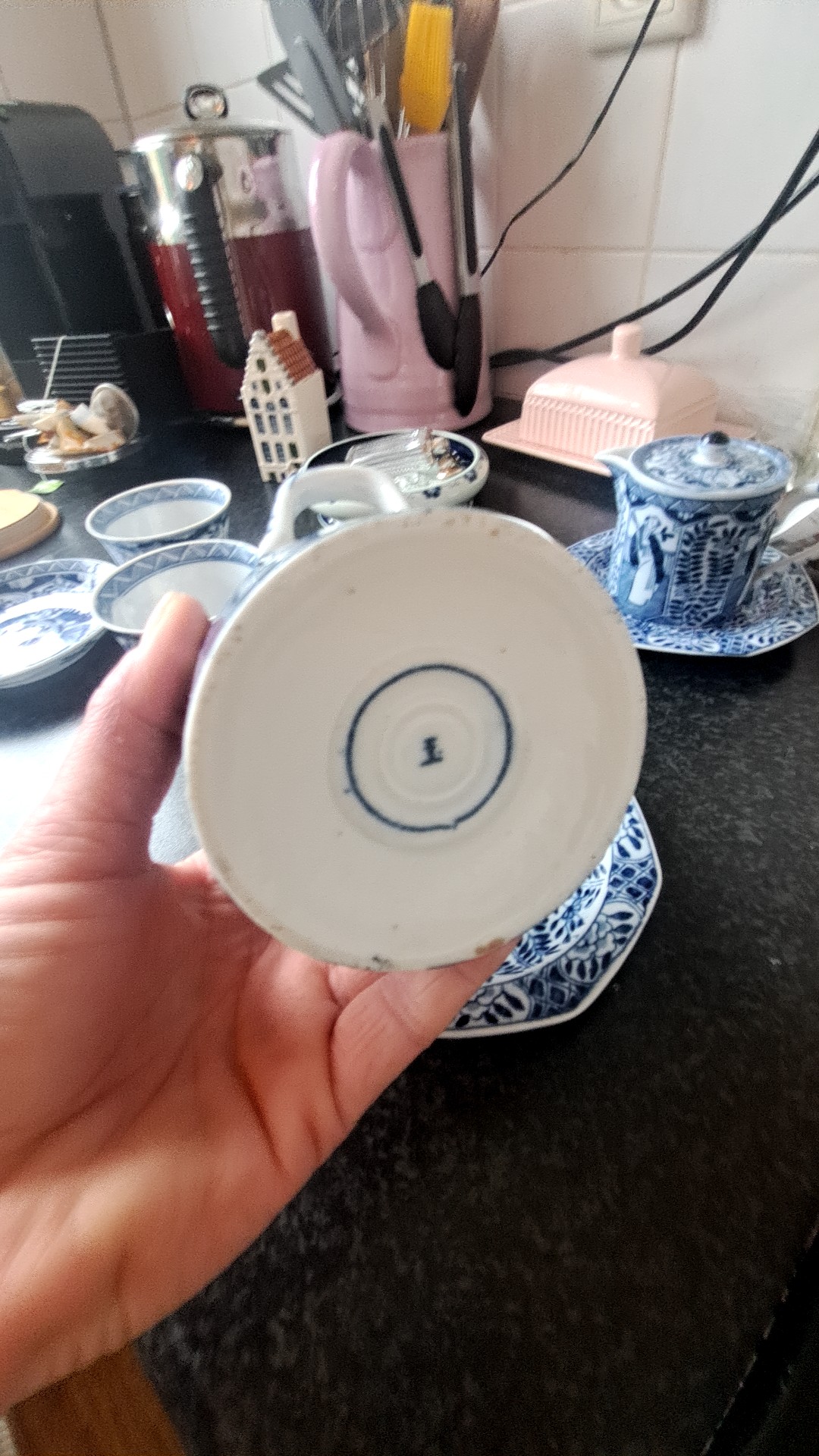 Japanese Arita Blue and White 'Long Eliza' Lidded Cup and Saucer - view 2