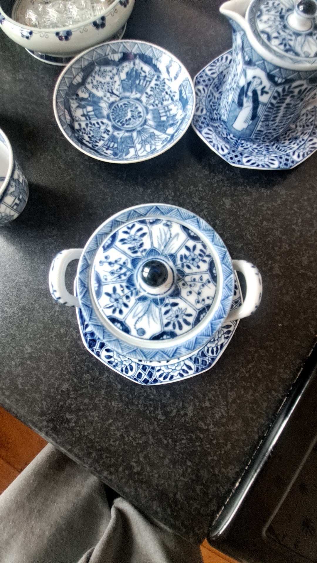 Japanese Arita Blue and White 'Long Eliza' Lidded Cup and Saucer - view 3