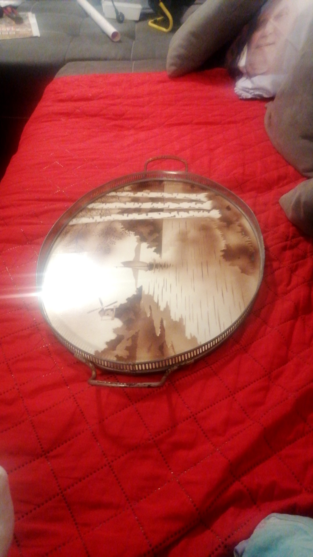 Mid-20th Century Oval Mirrored Serving Tray with Etched Landscape - view 1