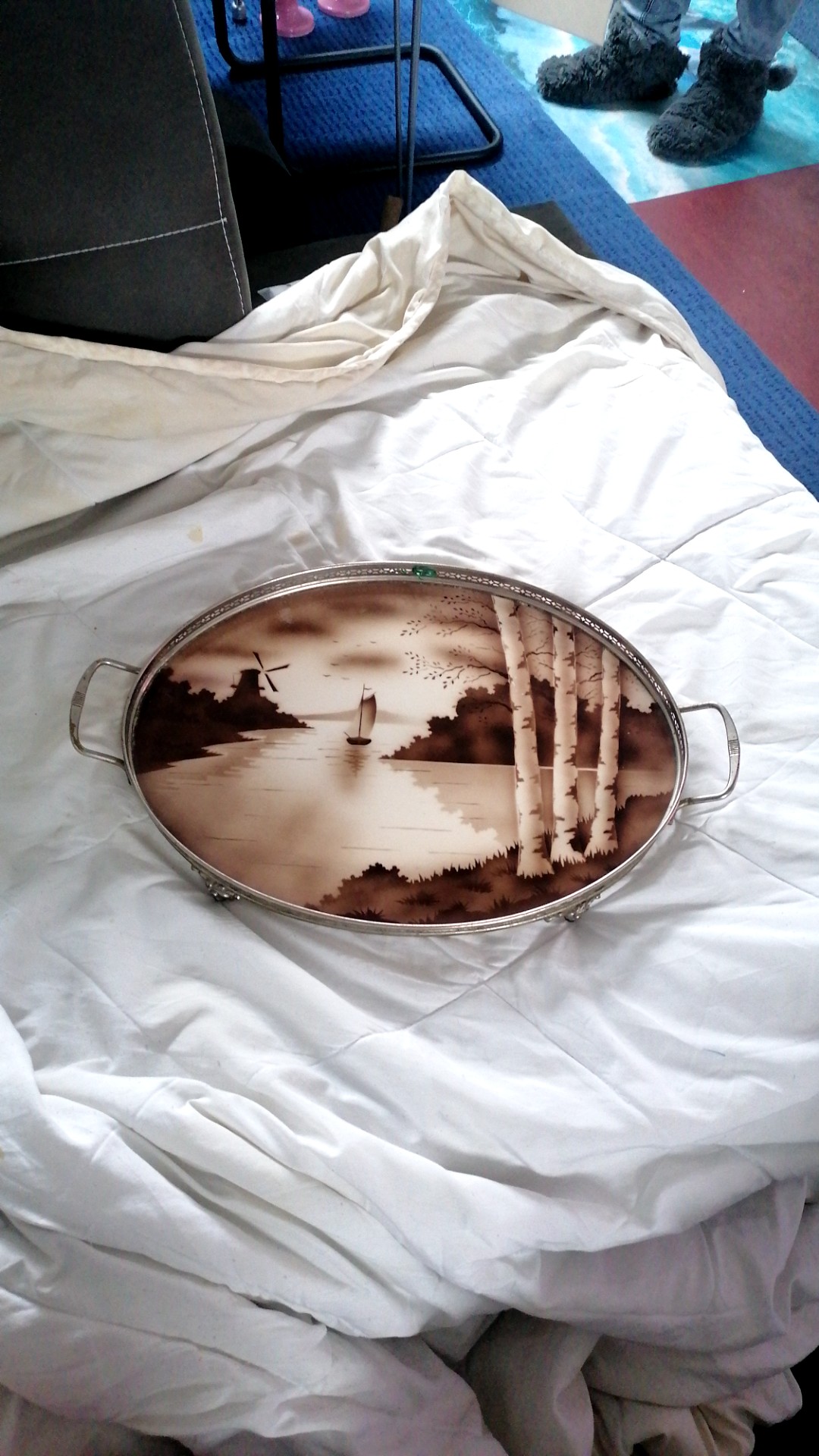 Ormolu or Silver-Plated Serving Tray with Reverse-Painted Glass Panel - view 1