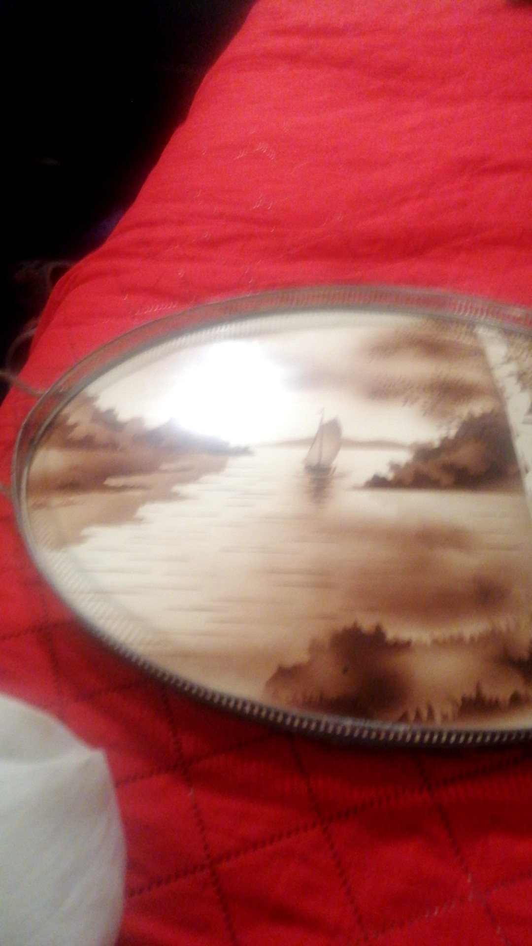 Mid-20th Century Oval Mirrored Serving Tray with Etched Landscape - view 3