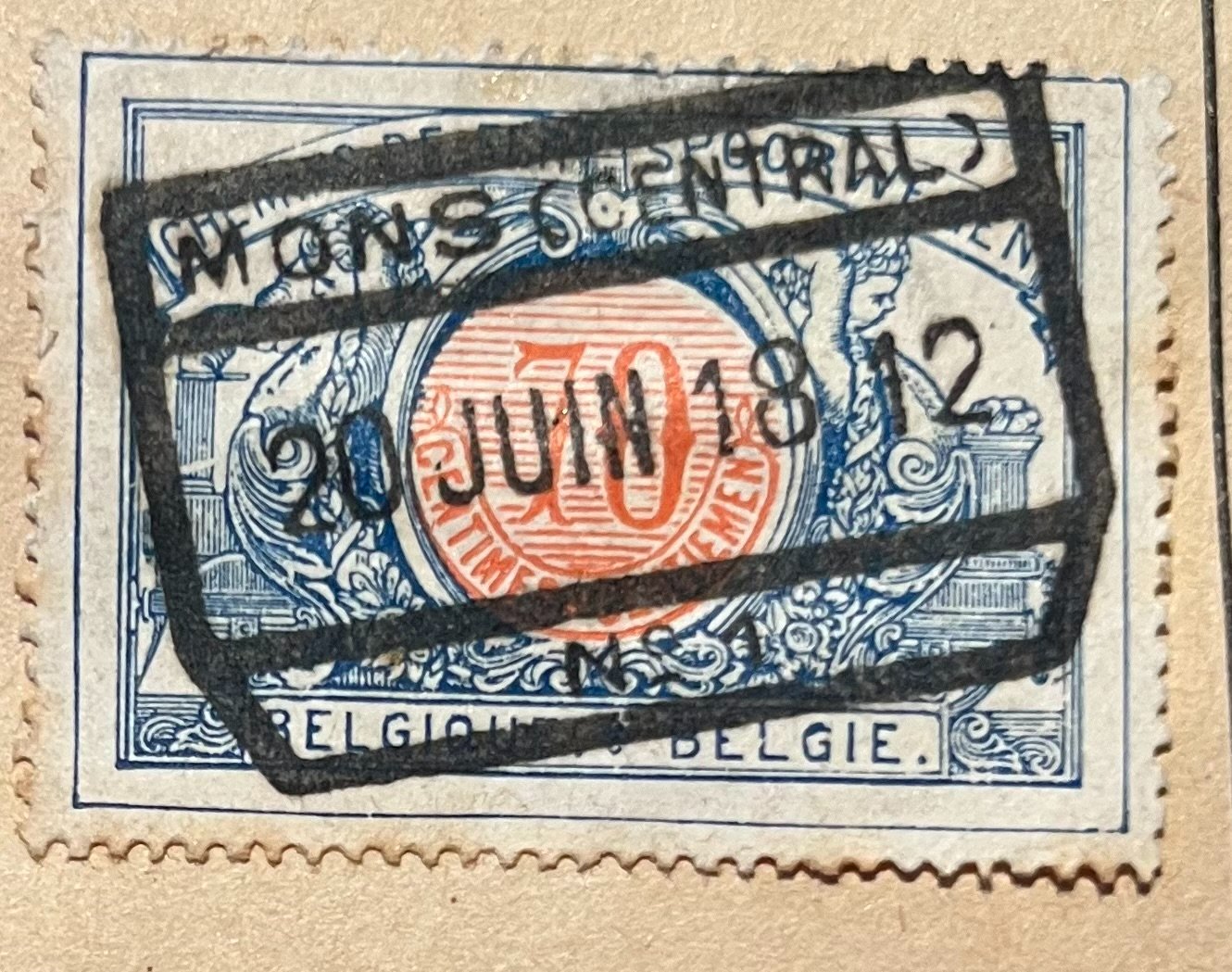 Belgium 1912 definitive series postage stamp, 10-centime carmine on blue frame, cancelled 'MONS S-GENERAL' - stamps collectible
