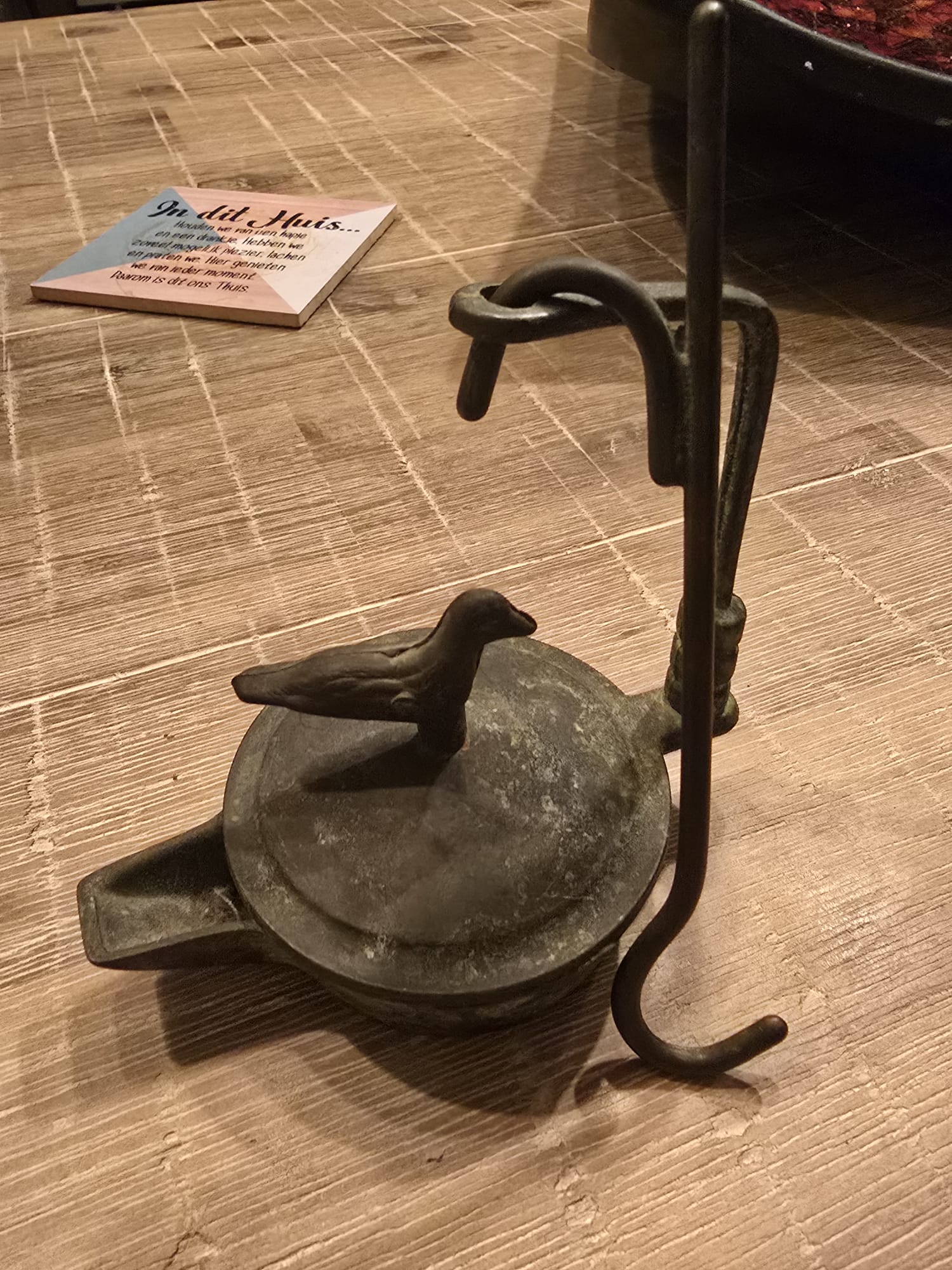 Antique-Style Cast Iron Oil Lamp on Stand - decorative collectible