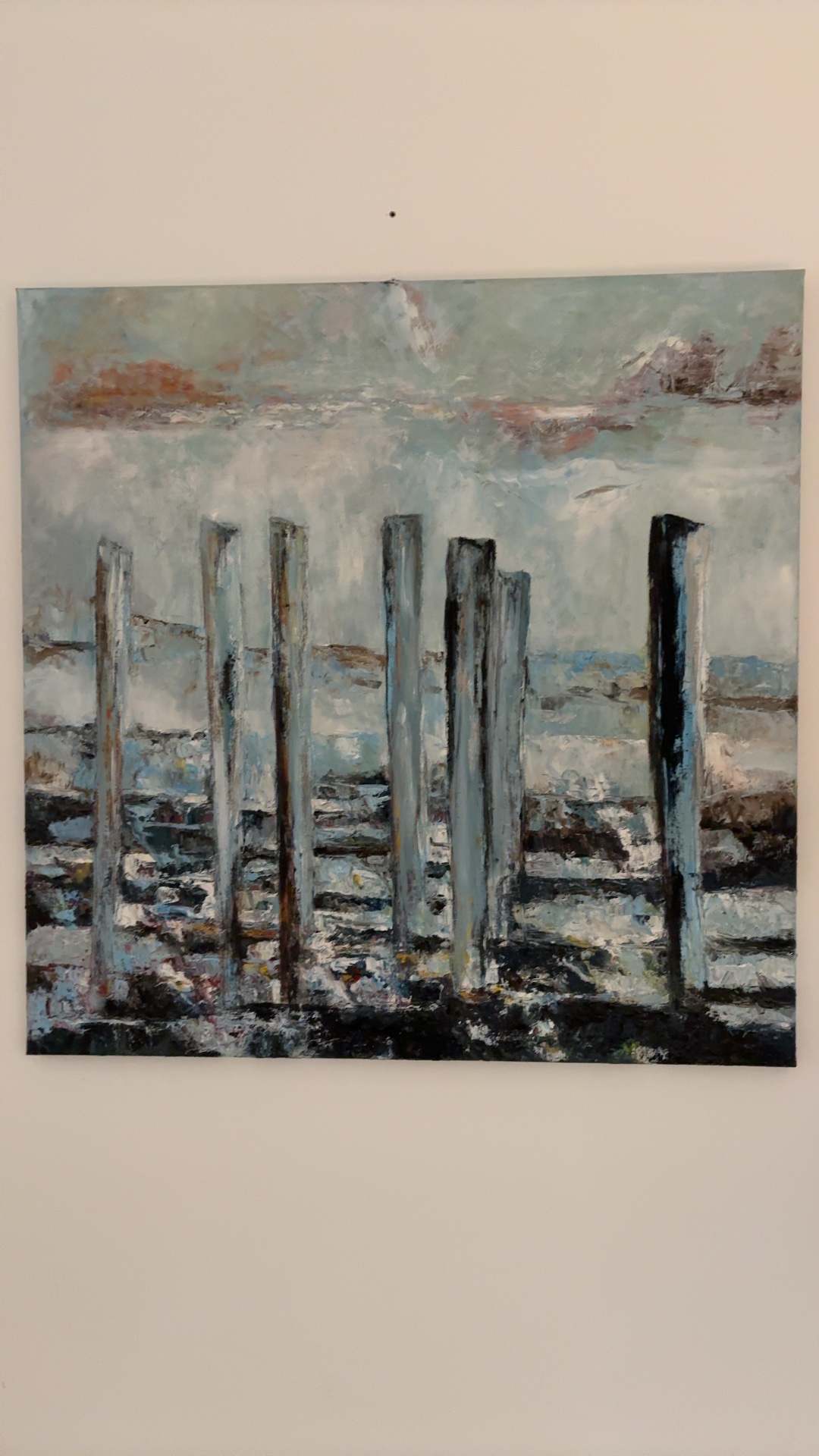Contemporary Impasto Seascape with Pilings - art collectible