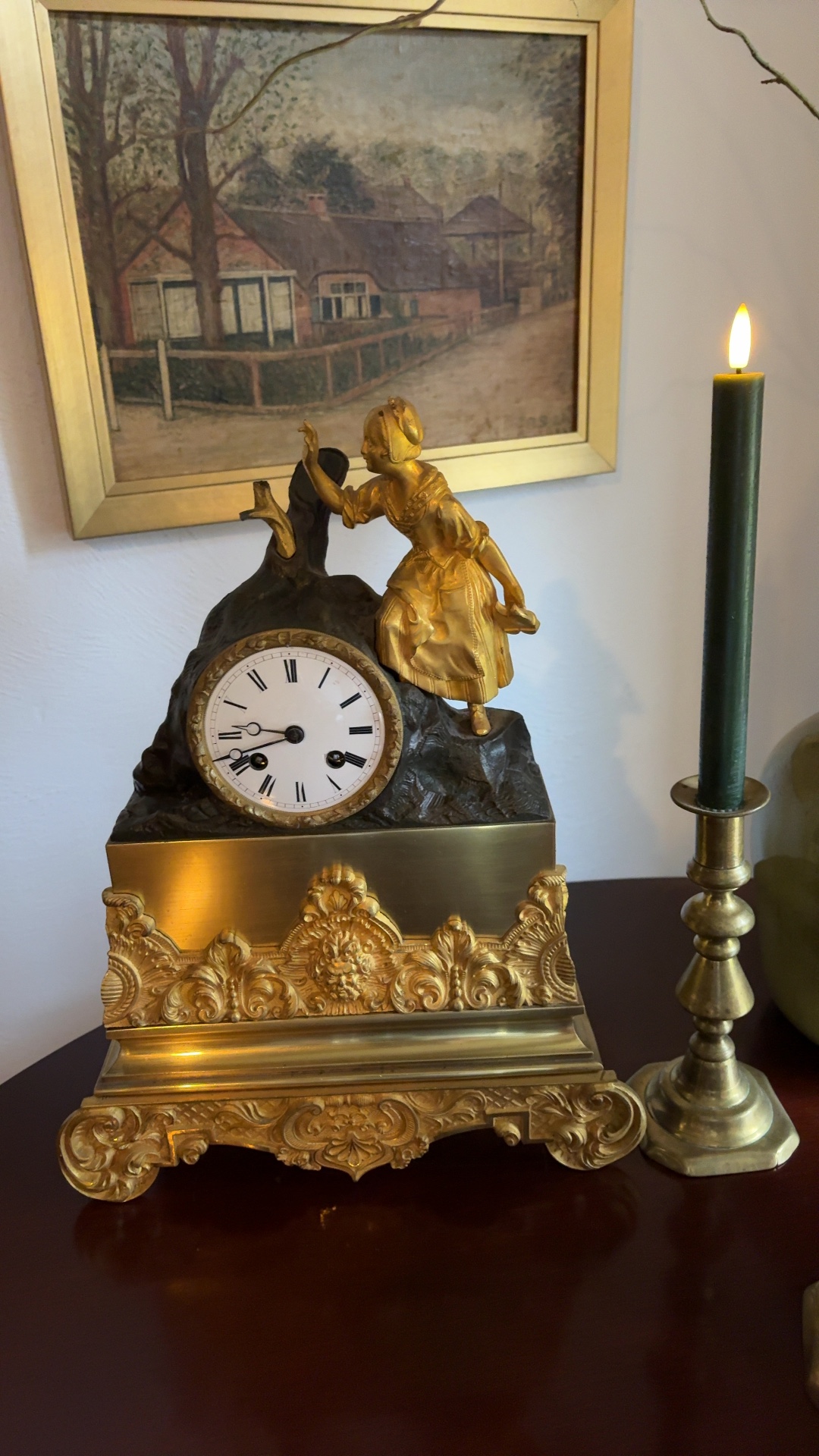 French Gilt Bronze and Patinated Spelter Figural Mantle Clock - view 2