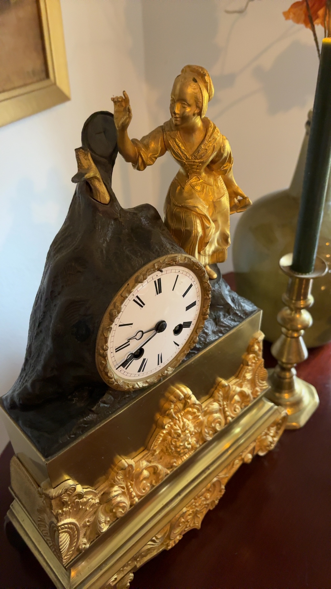 French Gilt Bronze and Patinated Spelter Figural Mantle Clock - view 3