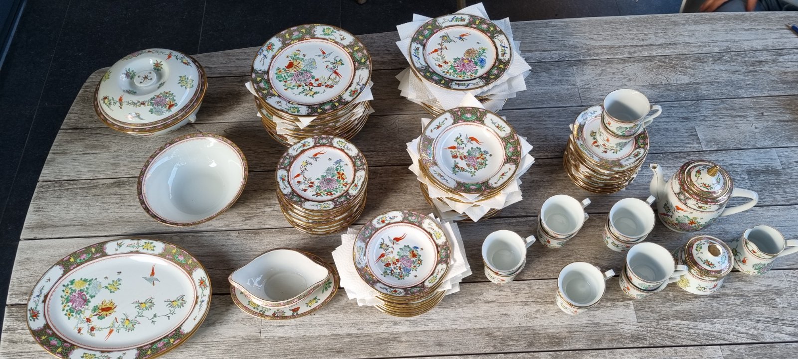 Chinese Porcelain Dinnerware Set, 'Famille Rose' Style with Birds and Botanicals - asian collectible