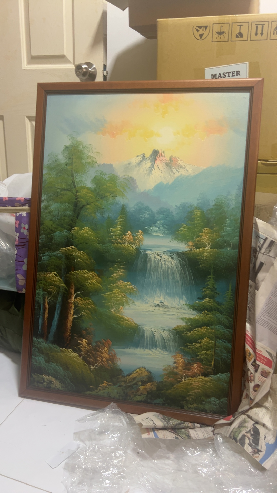 Mountain Landscape Oil Painting with Waterfall - art collectible