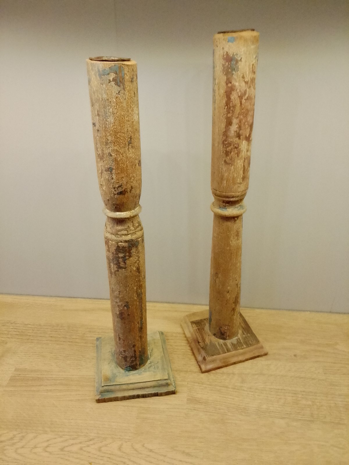 Pair of Distressed Wooden Candle Holders - decorative collectible