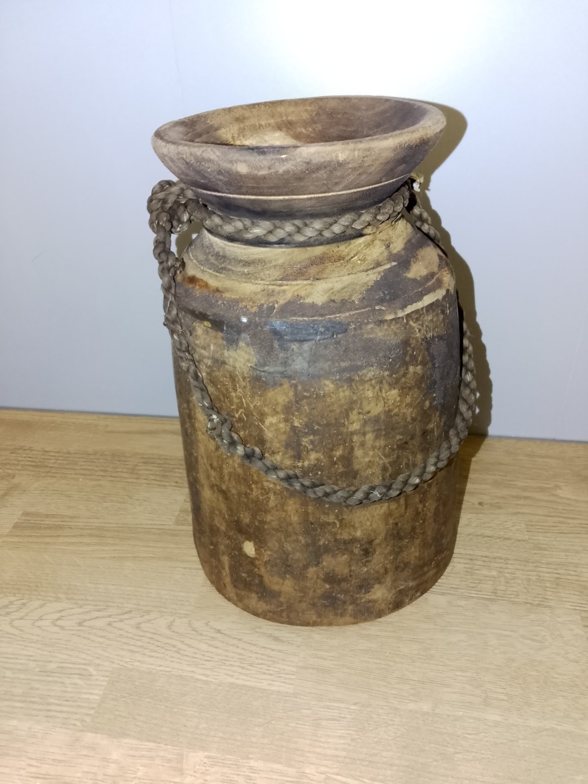 Hand-Carved Wooden Milk Churn or Vessel with Rope - decorative collectible
