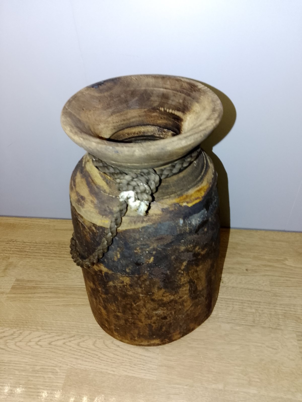 Hand-Carved Wooden Milk Churn or Vessel with Rope - view 2