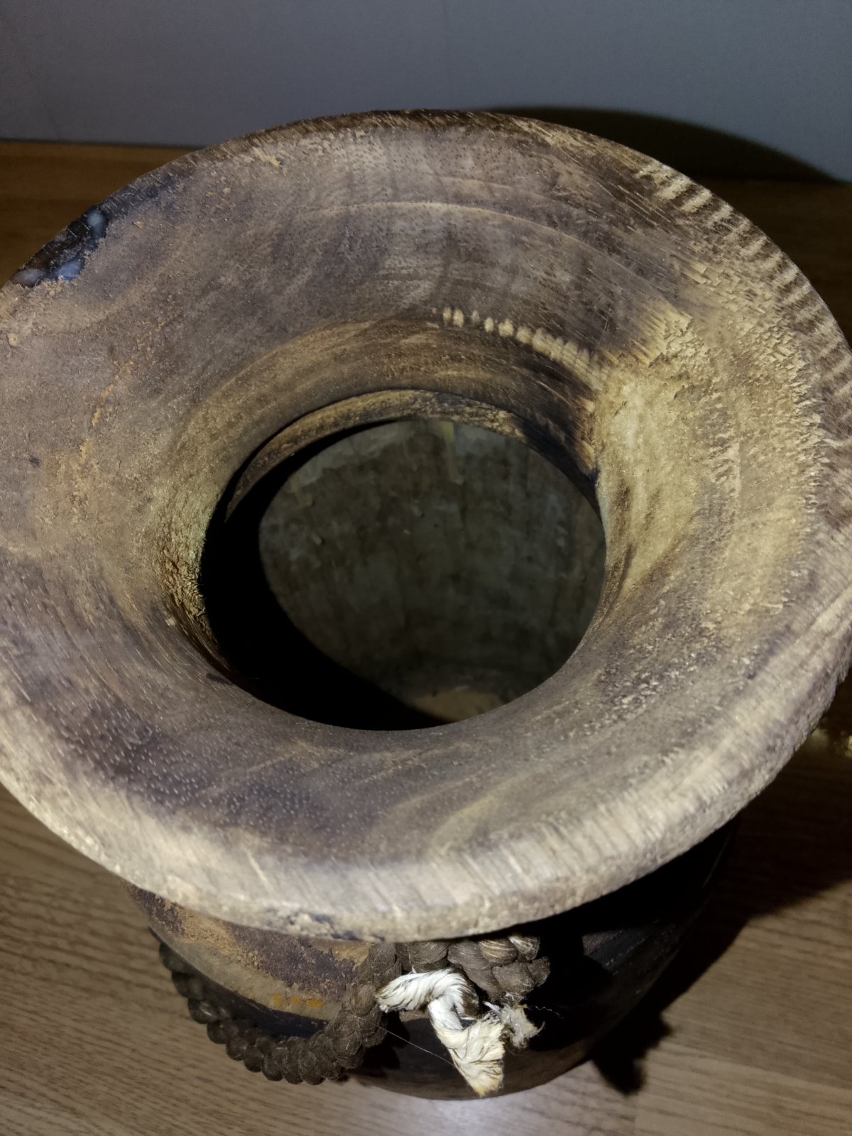 Hand-Carved Wooden Milk Churn or Vessel with Rope - view 3