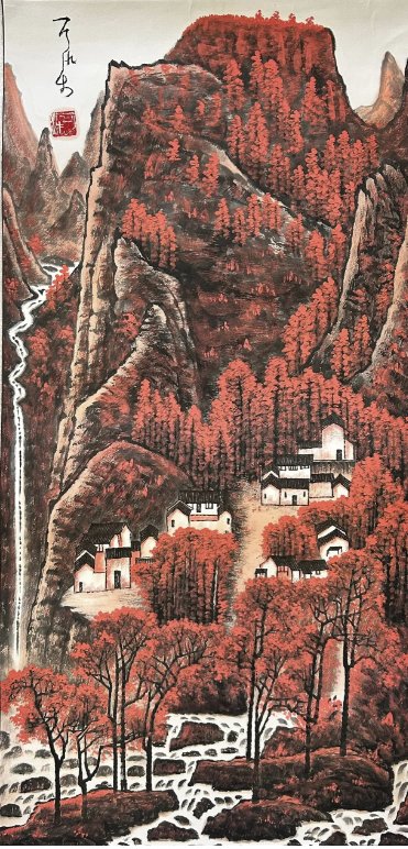 Mid-Century Modern Chinese "Red Landscape" (Hongse Shanshui) - paintings collectible