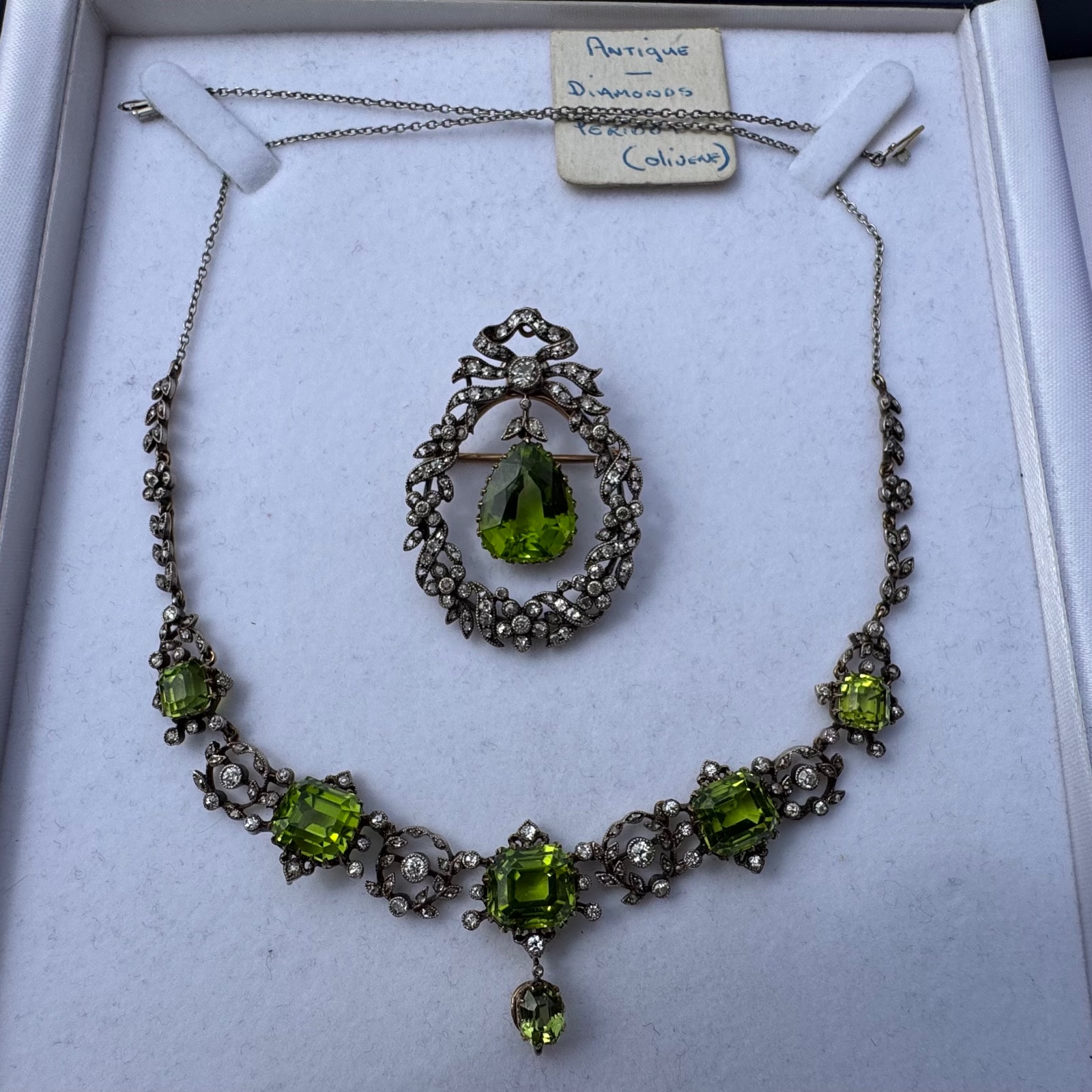 Edwardian/Belle Époque Silver-Topped Gold, Peridot, and Diamond Demi-Parure - view 1