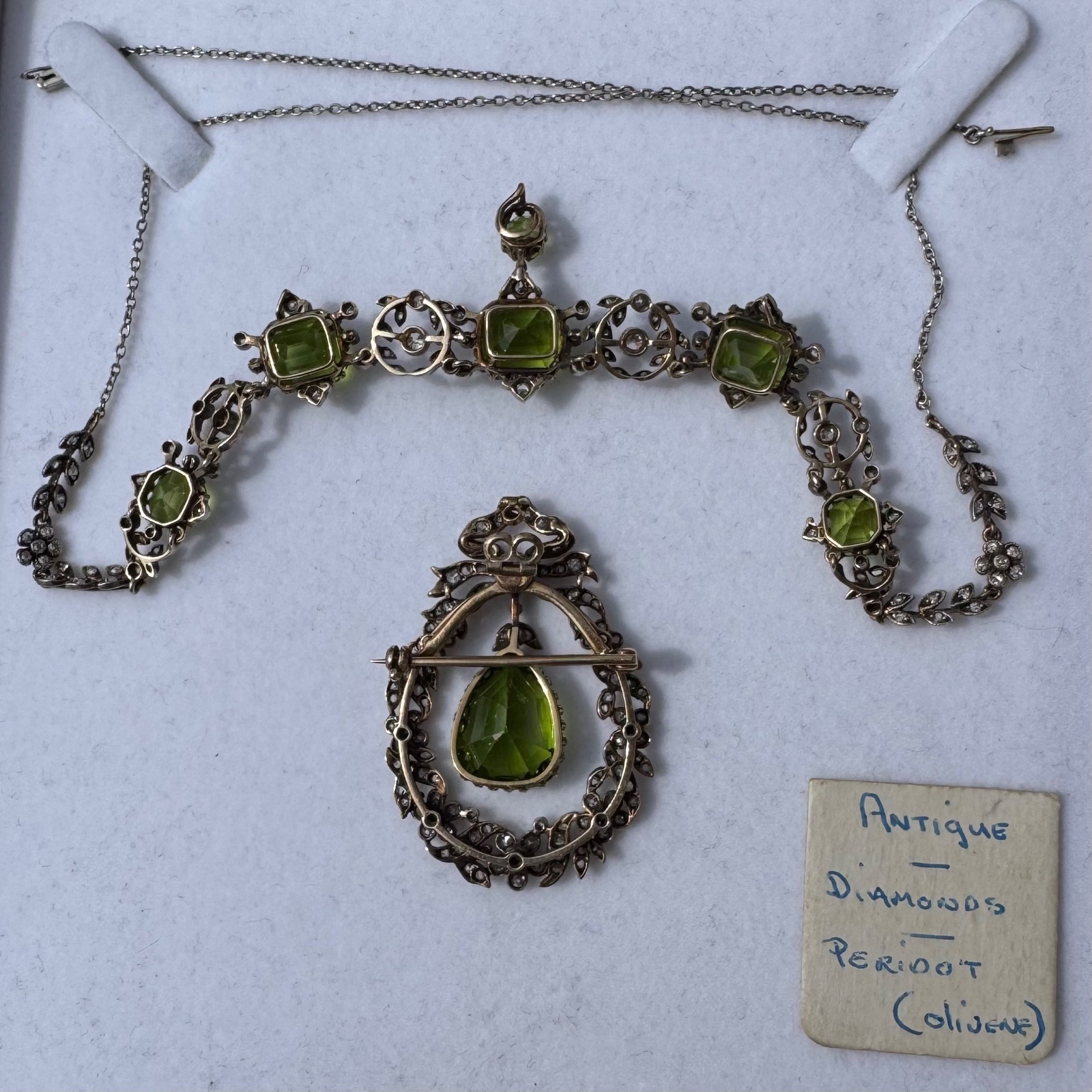 Edwardian/Belle Époque Silver-Topped Gold, Peridot, and Diamond Demi-Parure - view 2