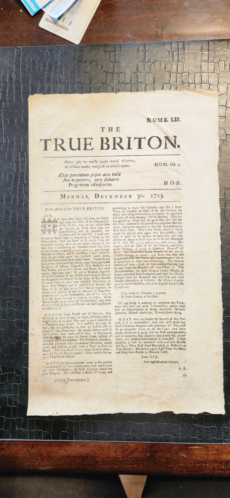 The True Briton, No. LII (December 30, 1723) - view 1