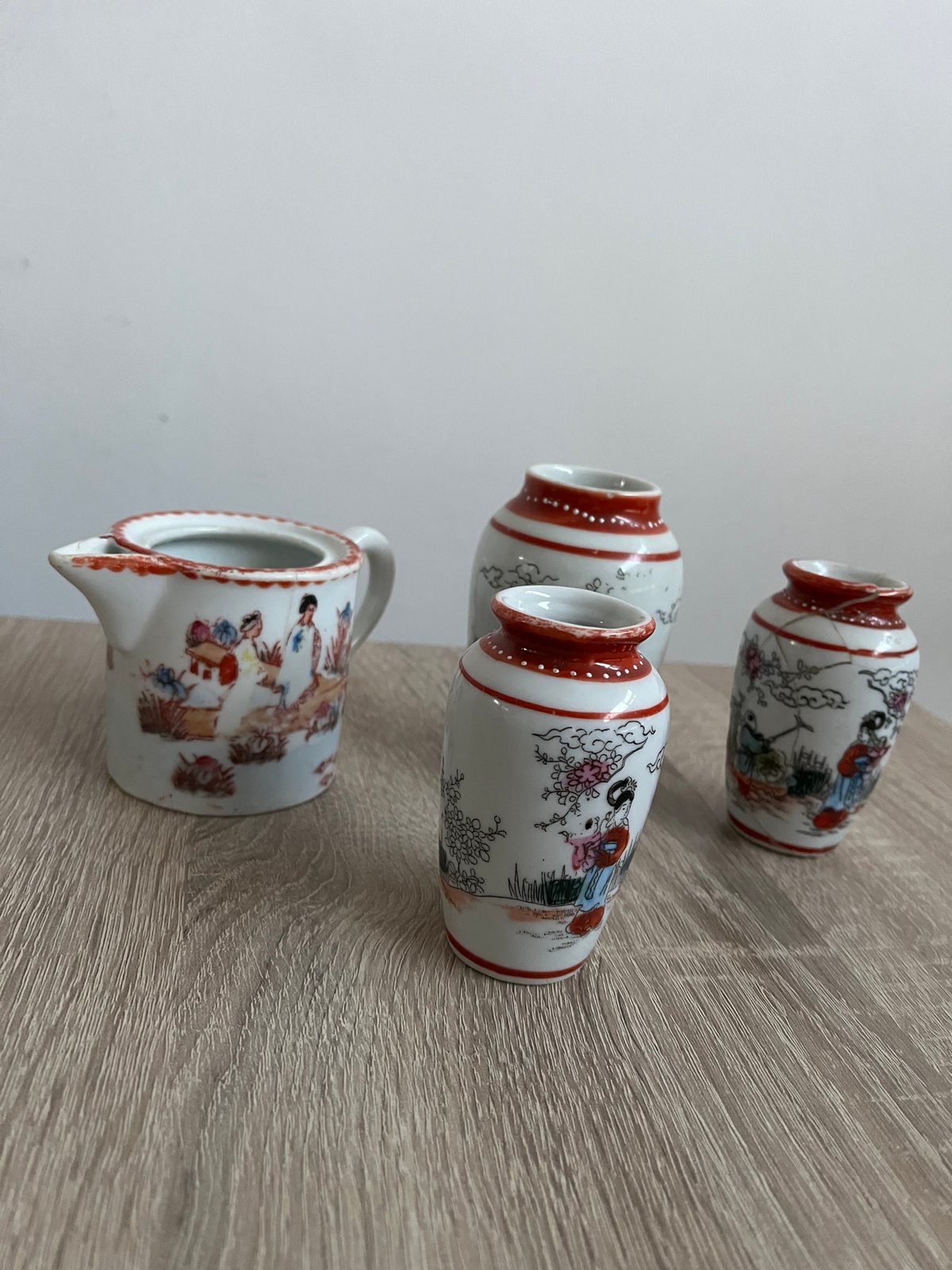 Japanese Scenic Ceramic Miniature Vases and Creamer Set - view 1