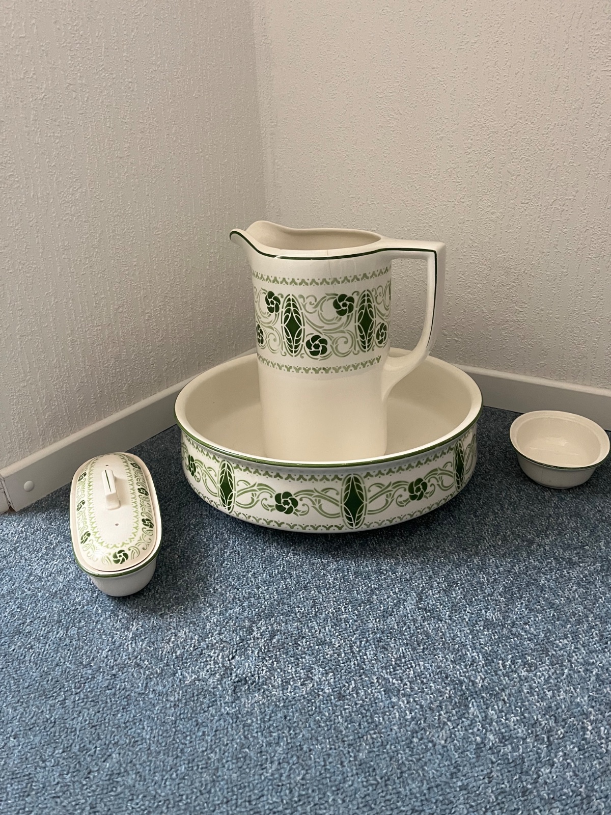 Victorian Era Enameled Ironstone Wash Basin and Pitcher Set - decorative collectible