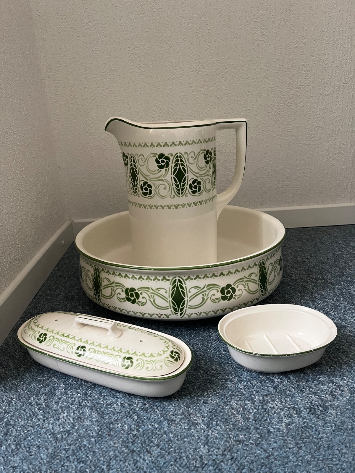 Victorian Era Enameled Ironstone Wash Basin and Pitcher Set - view 2