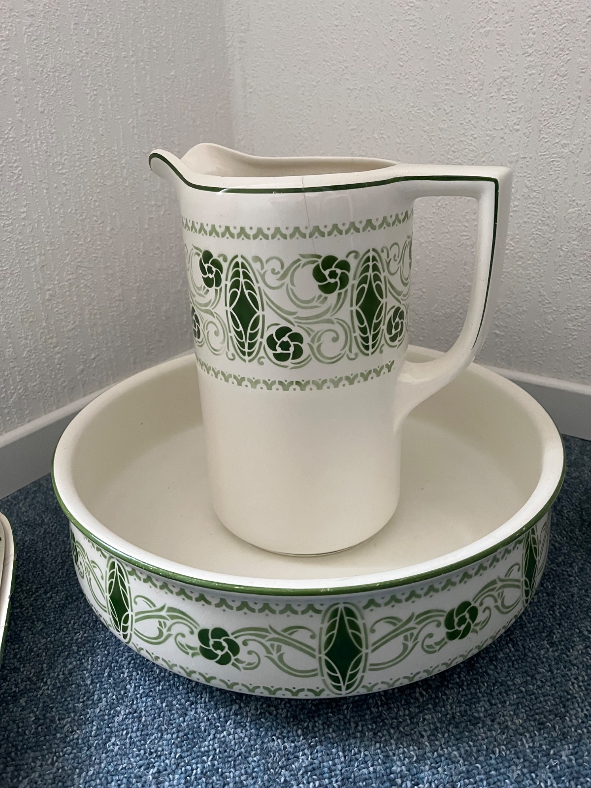Victorian Era Enameled Ironstone Wash Basin and Pitcher Set - view 3
