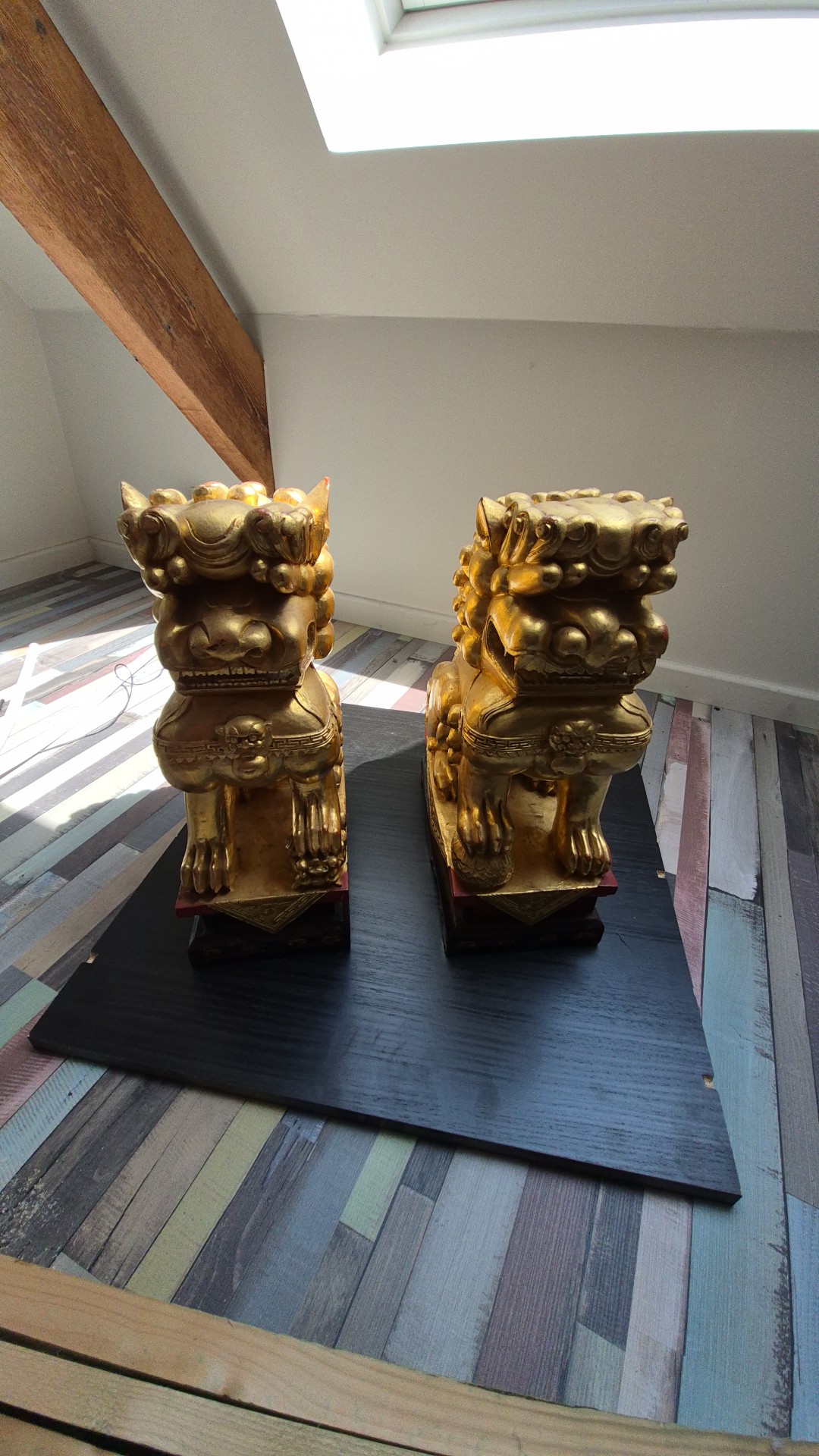 Pair of Chinese Giltwood Guardian Lions (Shi) - view 1