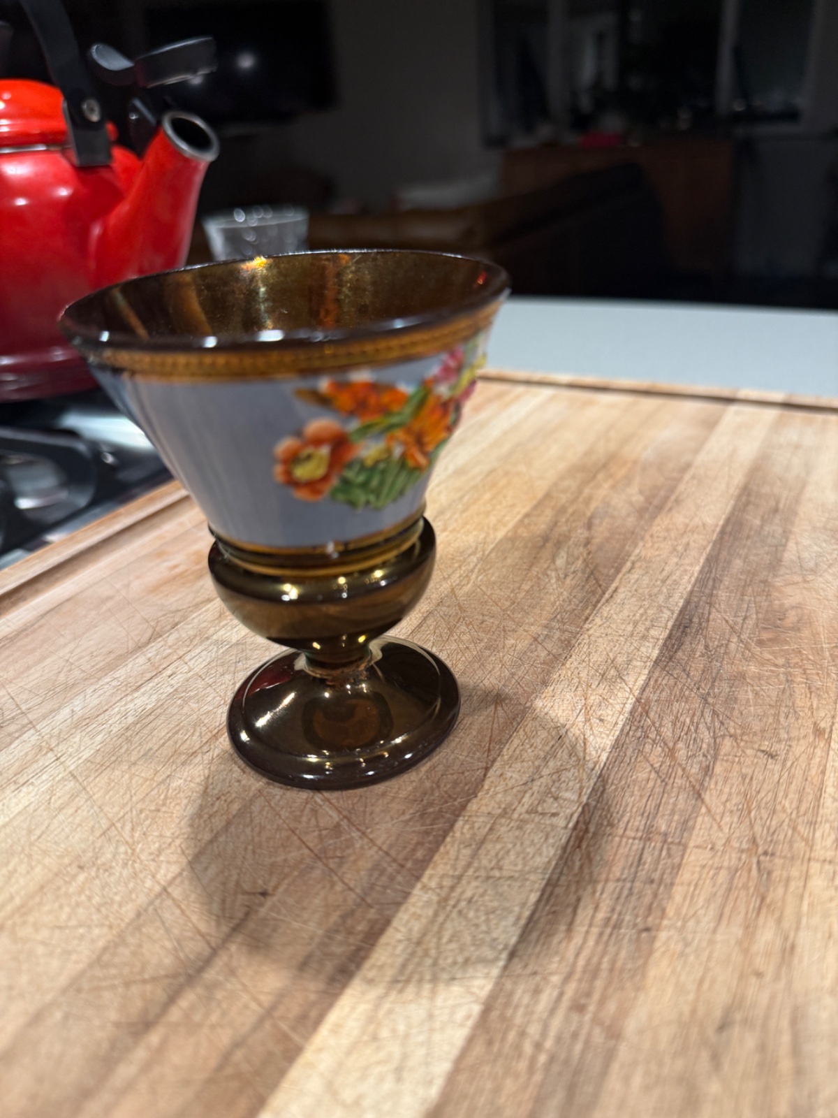 Murano Sommerso Glass Chalice with Gilt and Floral Enamel Decor - ceramics collectible
