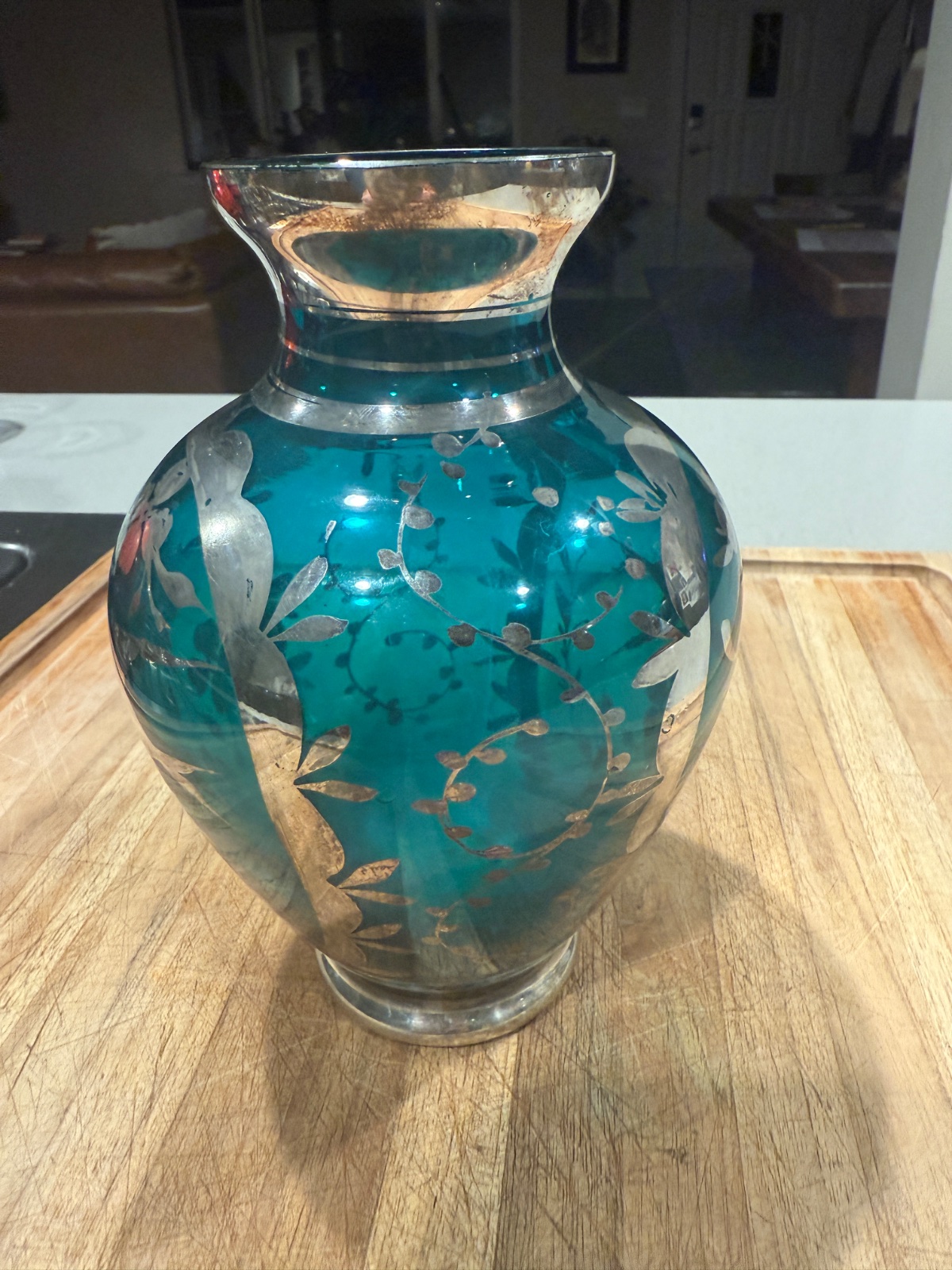 Silver Overlay Teal Glass Vase - Art Nouveau Style Floral Motif - decorative collectible