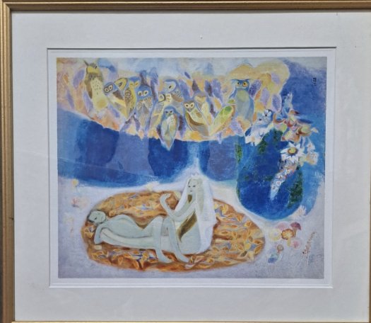 Vintage Japanese Surrealist Print: Owls and Figures - prints collectible