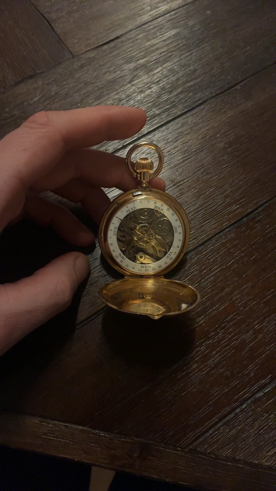 Gold-Tone Open-Face and Half-Hunter Pocket Watch with Calendar and Visible Escapement