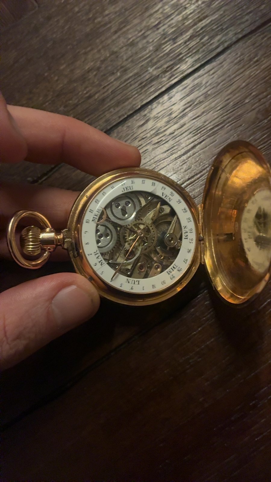 Gold-Tone Open-Face and Half-Hunter Pocket Watch with Calendar and Visible Escapement - view 3