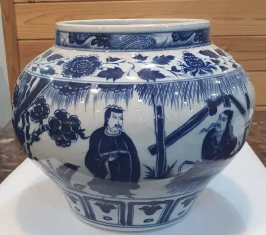 Chinese Blue and White Narrative Jar (Guan), Modern Reproduction - ceramics collectible