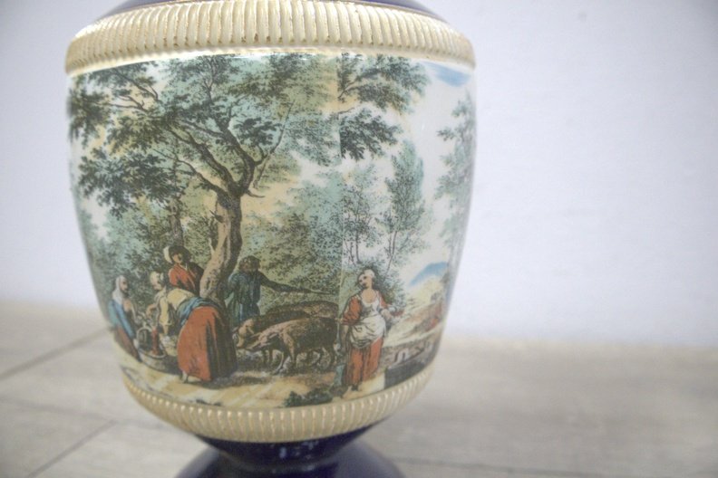 Porcelain Urn-Shaped Vase with Romantic Landscape Scene and Dark Blue Glaze - view 2