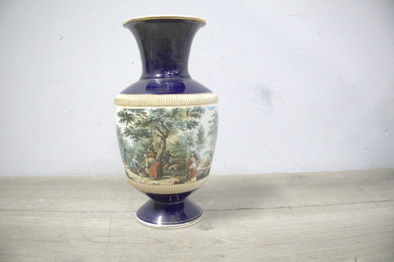 Porcelain Urn-Shaped Vase with Romantic Landscape Scene and Dark Blue Glaze - view 3