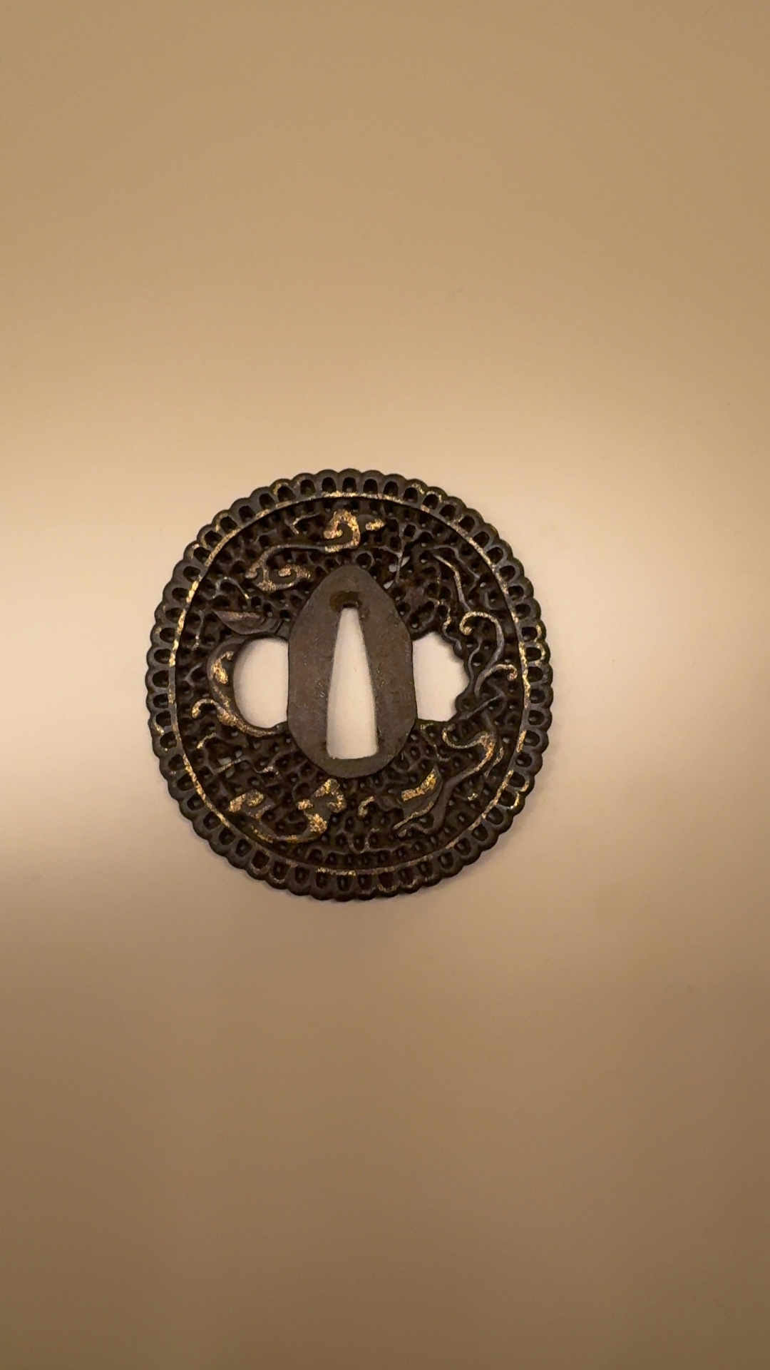 Edo Period Iron Sukashi Tsuba with Gold Inlay - militaria collectible