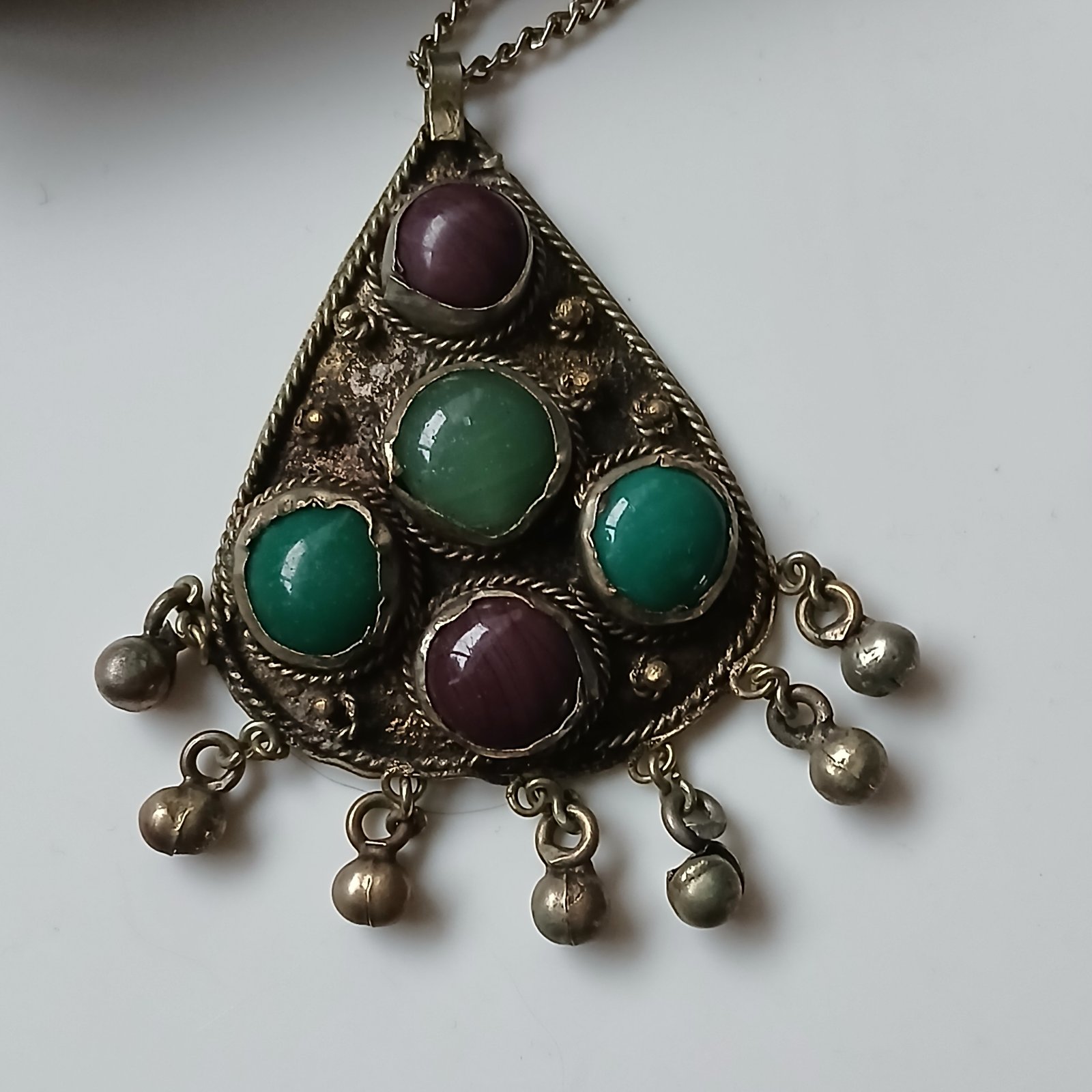 Tribal-Inspired Metal Pendant Necklace with Cabochon 'Stones' - view 1