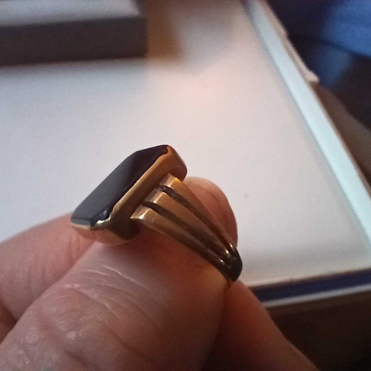 Gentleman's Gold-Tone Signet Ring with Dark Inlay - view 3