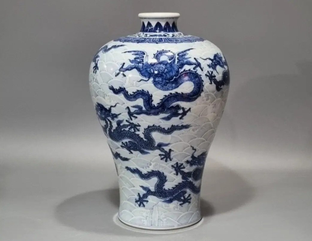 Chinese Blue and White 'Dragon' Meiping Vase with Incised Waves - asian collectible