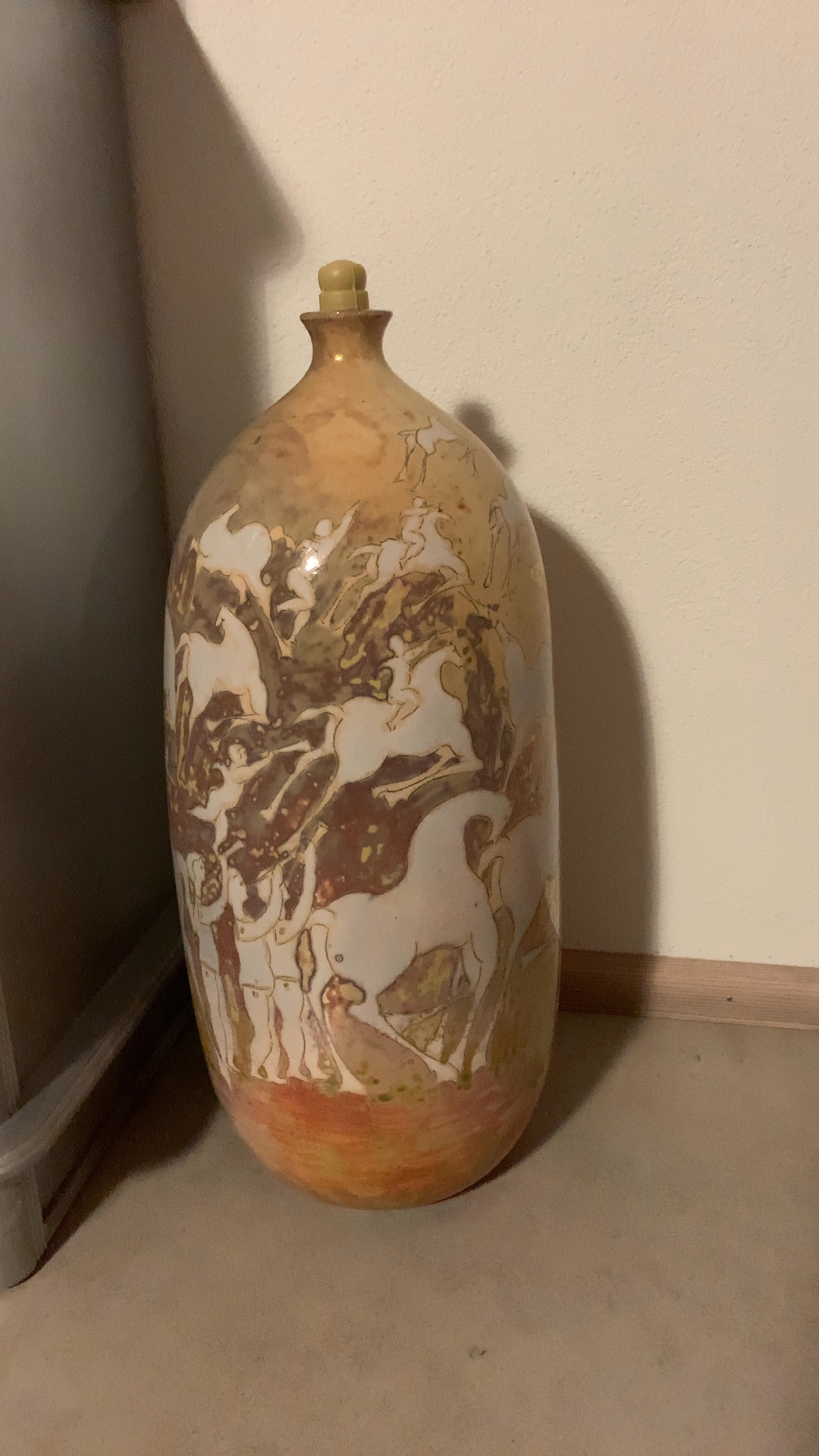 Mid-Century Modern Ceramic Bottle Vase with Figural and Equine Decoration - decorative collectible