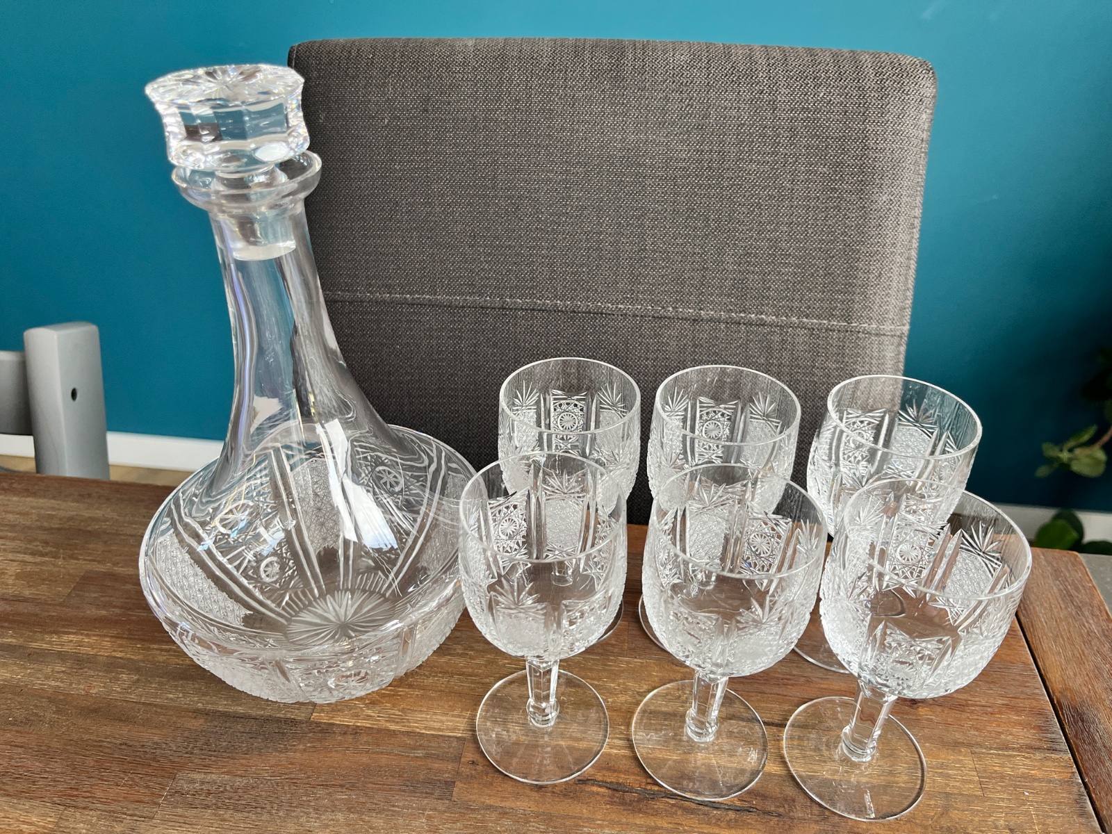 H&H Cut Crystal Decanter and Wine Glasses Set - decorative collectible