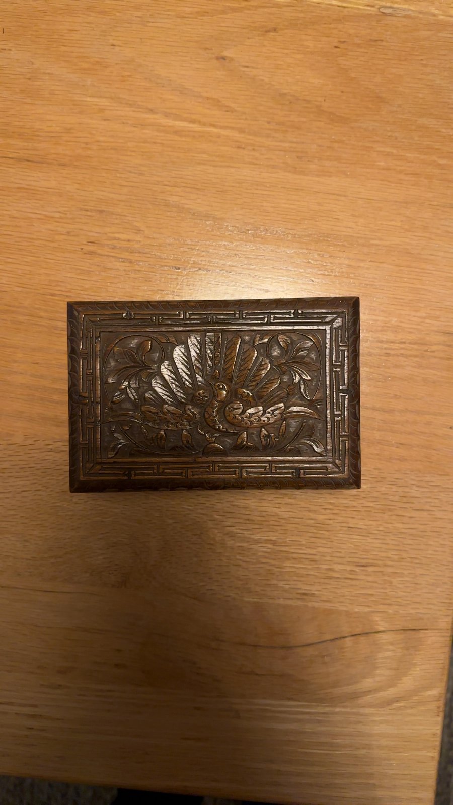 Hand-Carved Wooden Box with Pheasant Motif
