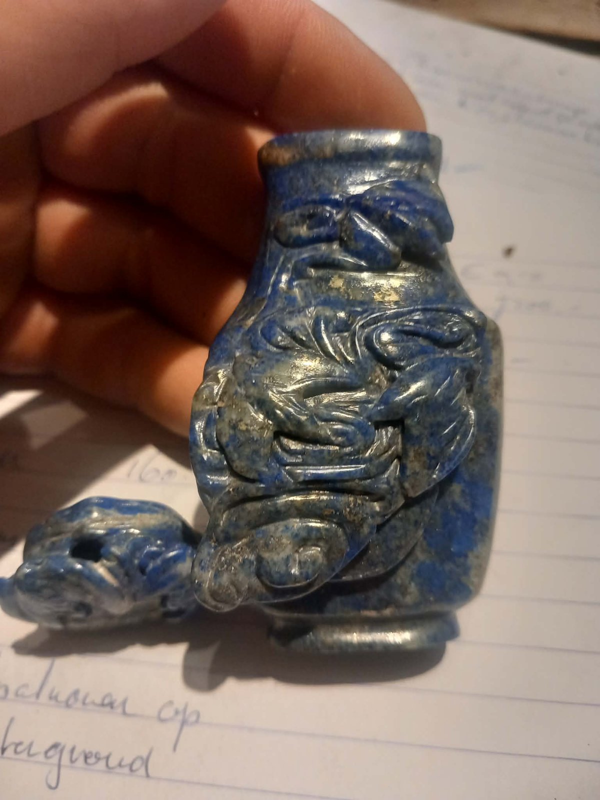 Chinese Lapis Lazuli Snuff Bottle with Carved Relief