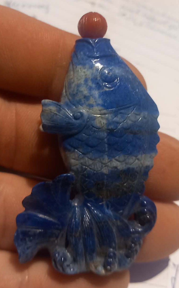 Carved Lapis Lazuli Fish Pendant with Carnelian Bead - decorative collectible