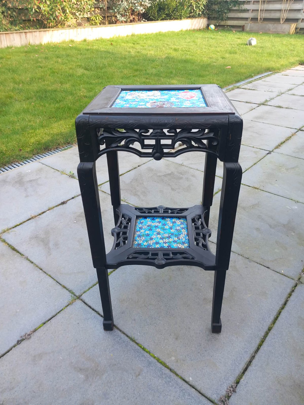 French Japonisme Ebonized Table with Longwy Faience Tiles