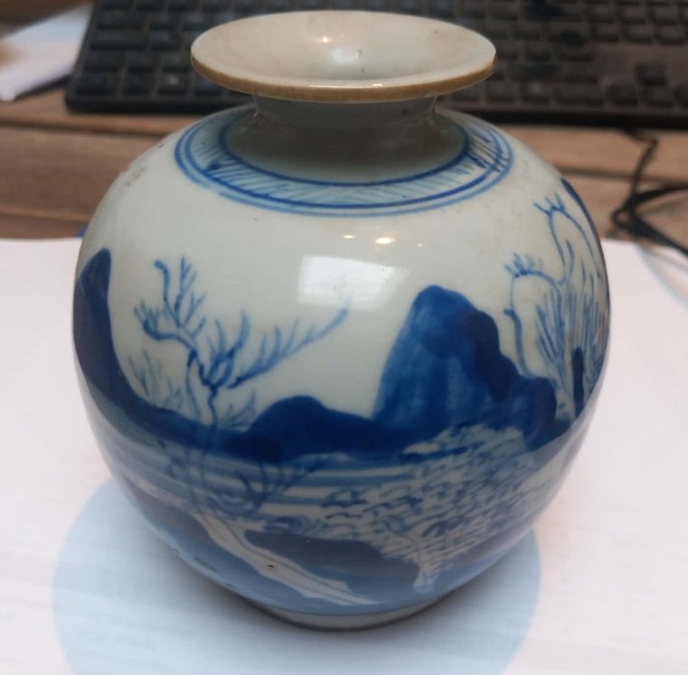 Chinese Provincial Blue and White Landscape Jar - view 1