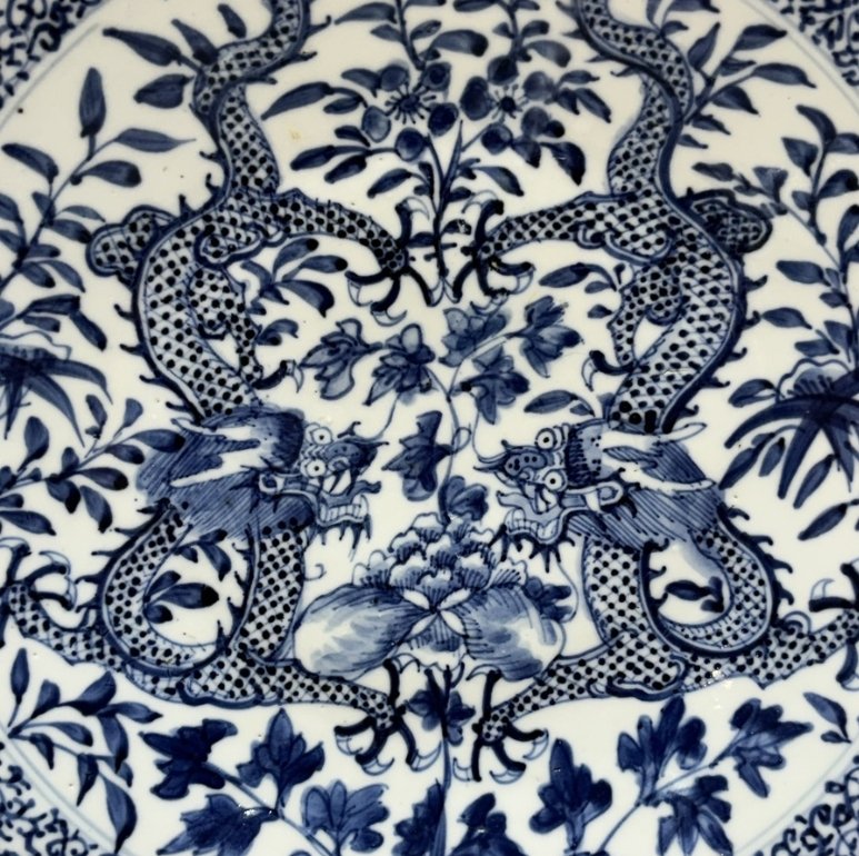 Chinese Blue & White Confronting Dragons Plate - view 2