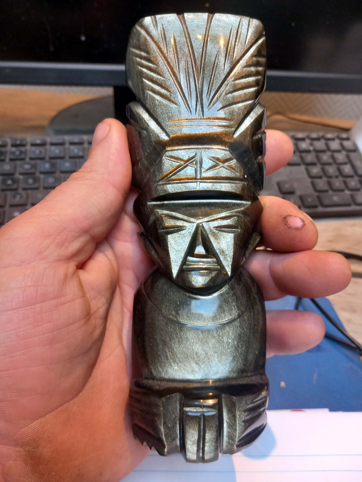 Contemporary Gold Sheen Obsidian Mesoamerican-Style Figurine - view 3