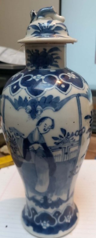 Chinese blue and white porcelain jar with lid, depicting a lady and bat, bearing a four-character mark on the base. - view 1